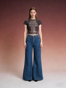 Women's high waist wide leg flared jeans with vintage wash and dark printed crop top