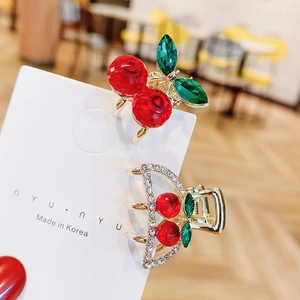 Mini cherry hair clip set with sparkling red crystals and golden finish for women