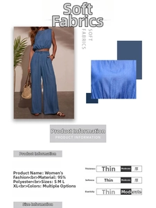 Détail de l'ensemble haut court sans bretelles et pantalon large bleu en 95 % polyester