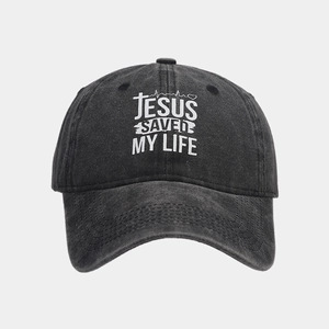 Cappellino da baseball in cotone nero lavato con stampa bianca 'Jesus Saved My Life' art