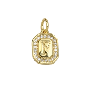 Macro view of 18k gold plated letter F pendant with shimmering cubic zirconia accents