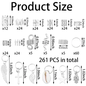 Detailed size chart for 261 pieces of dreadlock jewelry including cuffs and pendants