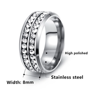 Polished 8mm stainless steel ring with double row of clear sparkling zircon stones