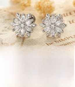Detailed view of silver snowflake ear studs made of titanium steel and zircon crystals