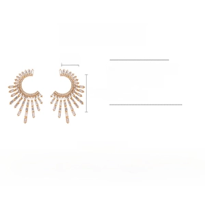Detail showing dimensions of golden C-shaped floral earrings with crystals and alloy base