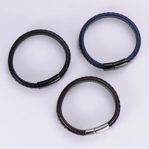 Classic braided leather bracelets for men with magnetic clasps in black, blue and brown