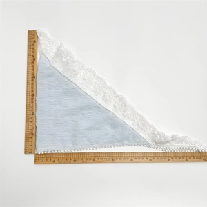 Floral cotton linen headscarf with white lace trim and tassel fringe, size 32x45cm