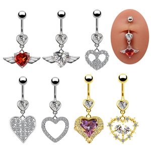 Detailed grid of stainless steel belly rings with heart, wings, and peace sign designs