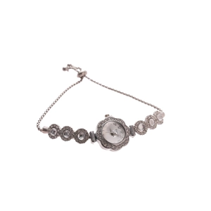 Elegant silver flower diamond watch with adjustable bead chain bracelet for women