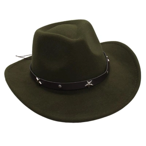 Detail of dark green wool felt cowboy hat with black leather strap and star metal studs