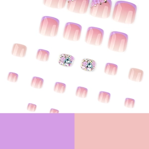French purple gradient press-on toenails with 3D flowers and rhinestone accents