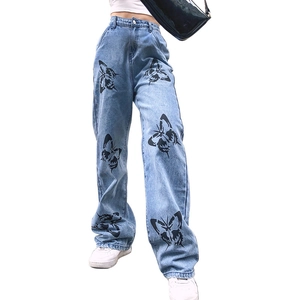 Damen Jeans mit hoher Taille, weitem Bein, Schmetterlingsdruck und Denim-Struktur