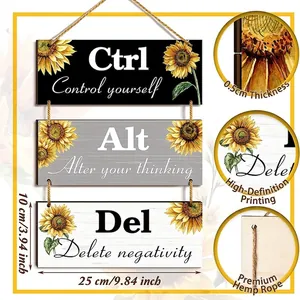 Close-up of three-tier wooden sunflower sign with size specs and jute rope detail