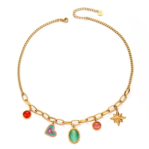 Macro shot of gold stainless steel necklace with colorful resin hearts and star charms