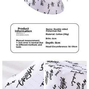 Detail view of cotton bucket hat featuring 56-59cm head circumference and graffiti pattern