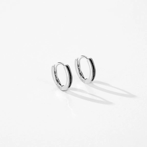 Elegant S925 sterling silver hoop earrings with black zircon stones on white background