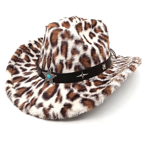 Chapeau De Cowboy En Peluche À Imprimé Léopard Fausse Fourrure Style Western À Bord Large Bande En Cuir Étoile Accessoire