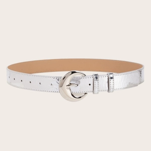 Minimalist silver mirror belt for women with unique crescent moon buckle on beige background