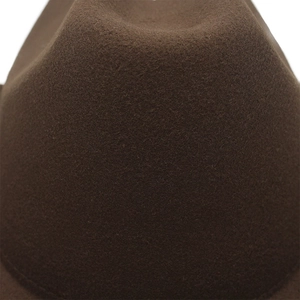 Close-up of the high-quality dark brown wool felt texture and crown of the western cowboy hat