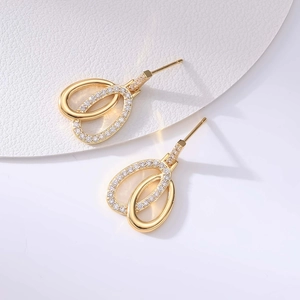 Fashionable gold plated double oval link earrings with white zircon accents for women