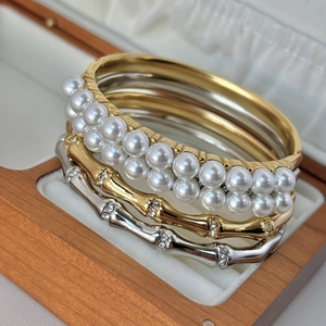 18K gold plated stainless steel pearl bracelet and bamboo bangle set in a gift box