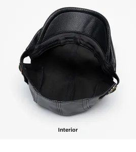 Detailed view of black faux leather hat interior with fabric lining and metal buckle