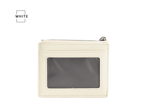 Slim off-white PU leather card holder featuring a clear ID window and top zipper closure