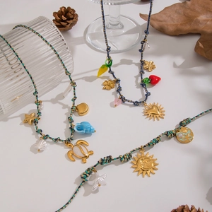 Bohemian Handmade Woven Rope Necklace Stainless Steel Gold Plated Shell Heart Starfish Ocean Pendants Beach Women Jewelry