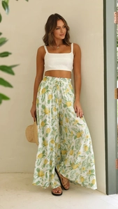 Women's summer pineapple print wide leg pants with high waist and drawstring