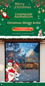 Detail of UV Christmas window stickers featuring Santa, reindeer, and snowman designs