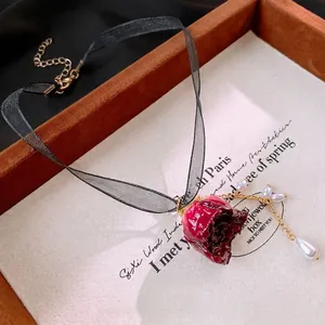 Vintage Rose Choker Necklace With Lace Ribbon And Imitation Artificial Pearl Pendant Elegant Floral Jewelry For Women