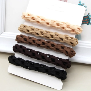 Detailed view of five-piece woven hair tie set in milk tea color gradient on card