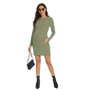 Olive green knitted maternity dress featuring a drawstring hood and long sleeves detail