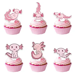 Set of 6 cute pink axolotl cupcake toppers for themed birthday party decorations