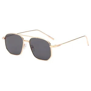 Retro pilot style double bridge sunglasses with gold metal frame and dark grey lenses