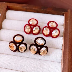 French Vintage Stud Earrings With Champagne Rhinestone And Velvet Flocking Cluster Design Silver Earring Post For Women