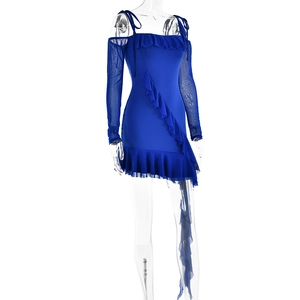 Detailed view of blue one-shoulder mini dress with mesh sleeve and asymmetric ruffles