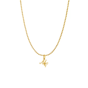 Detail of gold-plated ball chain necklace featuring artistic letter M with heart charm