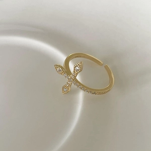 Minimalist 925 sterling silver gold-plated cross ring with sparkling white zircon stones