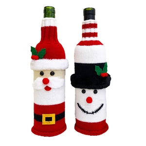 Christmas wine bottle covers with knitted Santa Claus and Snowman designs on white background