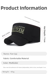 Detail view of black flat top cap showing size dimensions and adjustable strap buckle