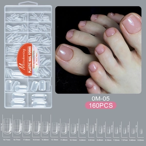 Detailed size chart for 160-piece clear foot nail extension molds with sizing labels