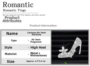 Detailed size specifications for a crystal high heel car air vent perfume clip