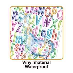 Close-up of waterproof vinyl alphabet and number stickers with dynamic water splashes