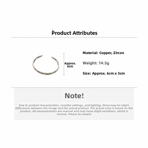 Vue détaillée du jonc ouvert en cuivre et zircon avec dimensions et informations de poids