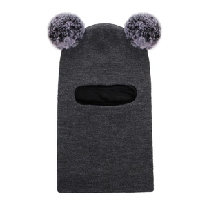 Dark grey knitted baby balaclava with two fluffy pom-poms and integrated neck warmer