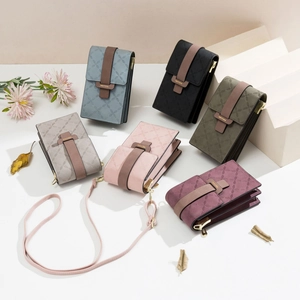 Women PU Leather Cell Phone Crossbody Bag Vertical Plaid Pattern Buckle Closure Retro Shoulder Purse For Daily Use