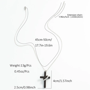 Detailed size chart showing a black cross pendant with silver ring on a fine chain necklace