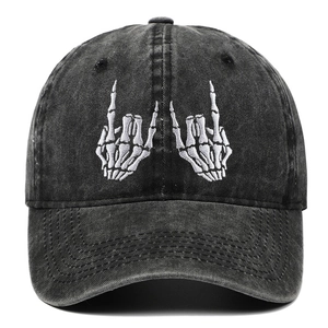 Vintage charcoal washed cotton baseball cap with white skull hand rock gesture embroidery