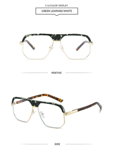 Detail of green leopard print and gold metal frames showing front and side perspectives